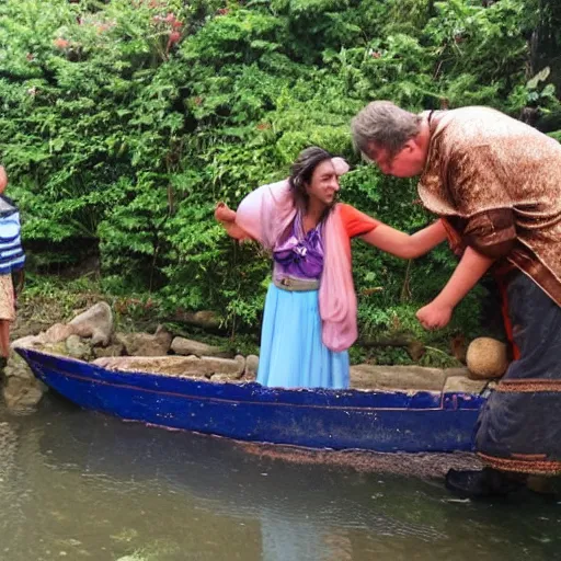 Image similar to giant ancient fish goddess blessing a young man in a boat