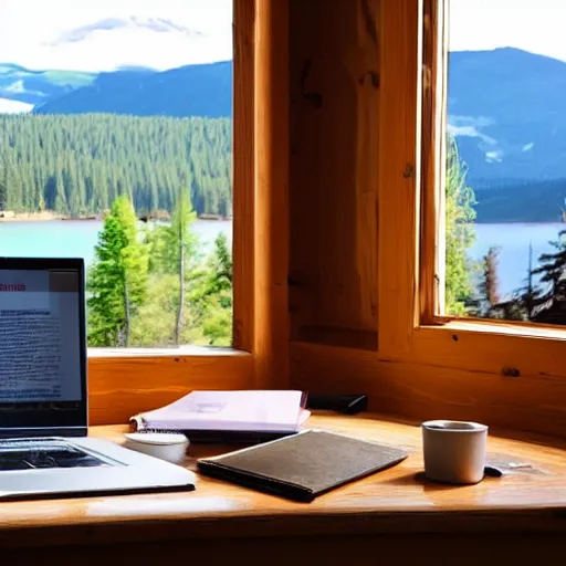 Prompt: A laptop on a work desk inside a cozy wooden cabin with a window overlooking a nice lakeside view with bright sunshine outside