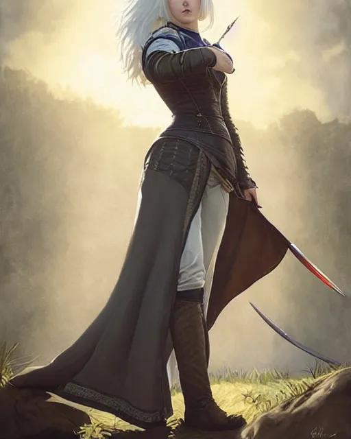 Image similar to Pre-Raphaelite Ciri from Witcher 3 by Artgerm and Greg Rutkowski, sharp focus, sun rays, full body, wearing haute couture by schiaparelli, intricate, elegant, highly detailed, digital painting, pale
