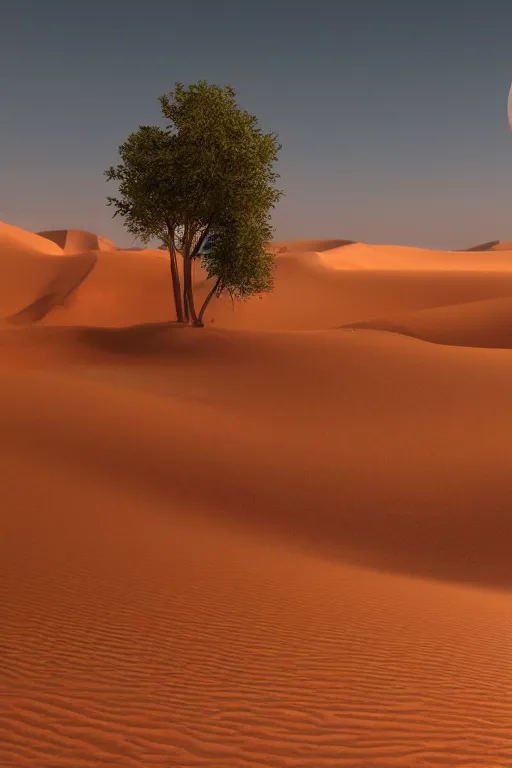 Image similar to a vast arabic desert landscape with minimal vegetation in the style of thomas cole and a group of camels crossing a dune, raytracing, 8 k, octane render, volumetric, vivid, beautiful, hyperrealism