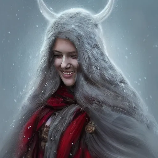 Image similar to epic portrait An viking woman smiling in blizzardy winter, beauty, pretty face, glossy skin, beautiful eyelashes, red long flowing hair, blurry backround, digital painting, artstation, concept art, soft light, hdri, smooth, sharp focus, illustration, fantasy, intricate, elegant, highly detailed, D&D, matte painting, in the style of Greg Rutkowski and Alphonse Mucha and artemisia, 8k, highly detailed, jurgens, rutkowski, bouguereau, pastoral, rustic, georgic