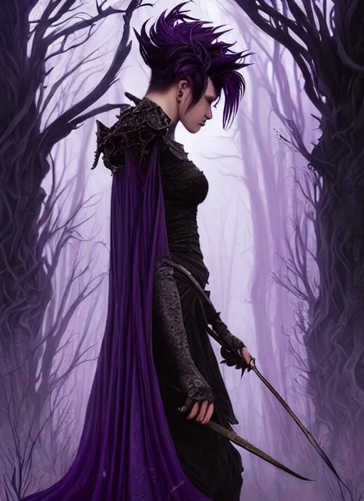 Image similar to award winning book cover, side portrait dark witch, adventurer outfit large cloak, fantasy forest landscape, dragon scales, fantasy magic, undercut hairstyle, short purple black fade hair, dark light night, intricate, elegant, sharp focus, illustration, highly detailed, digital painting, concept art, matte, art by WLOP and Artgerm and Greg Rutkowski and Alphonse Mucha, masterpiece