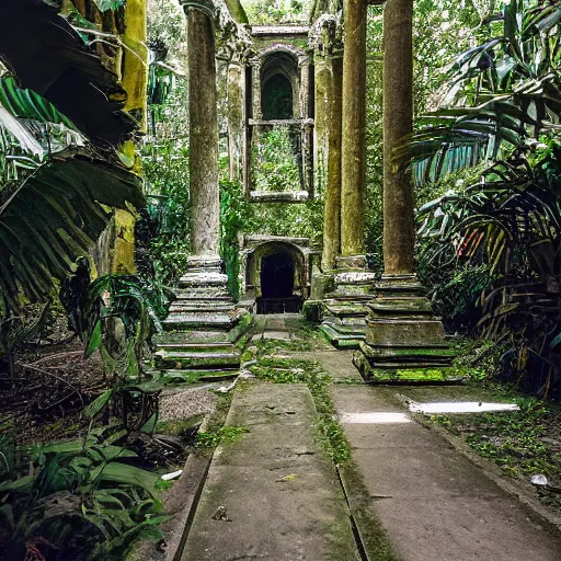 Image similar to the colonnade of the ancient cathedral in the jungle, death