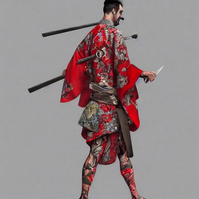 Image similar to ultra realistic illustration, borat dressed in red kimono weilding a katana, backview, tattoos, in the style of peter mohrbacher by weta digital and beth cavener, high face symmetry, intricate, masterpiece, award winning, high face symmetry, intricate