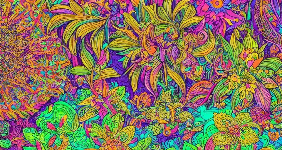 Prompt: psychedelic abstract vector art illustration a exotic garden with flowers by Lisa frank and Tim Hildebrandt, detailed, intricate, elegant, highly detailed, digital painting, artstation, smooth, sharp focus