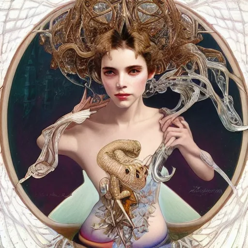 Image similar to a photograpic portrait of a anthropomorphic Macropinna microstoma wearing white clothes, iridescent colors, fantasy, intricate, elegant, highly detailed, digital painting, artstation, concept art, smooth, sharp focus, illustration, art by artgerm and H R Giger and alphonse mucha