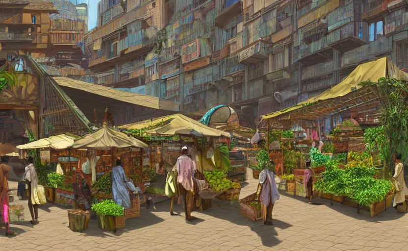 Prompt: a market in broad daylight. solarpunk. ecopunk. art nouveau. african architecture. neo-classical. . 8K. detailed. photorealism. trending in artstation. ultra realistic