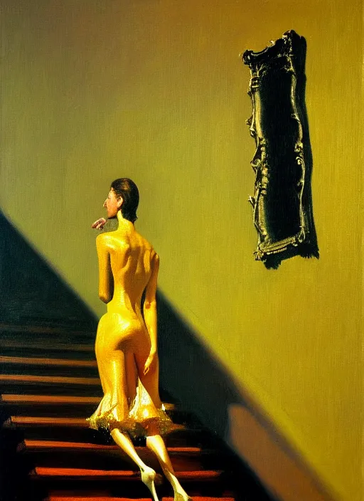 Prompt: there's a lady who's sure, all that glitters is gold, and she's buying a stairway to heaven, skinny, insane, hauntingly surreal, highly detailed oil painting, by francis bacon, edward hopper, adrian ghenie, glenn brown, triadic colours, soft light, 8 k hd, cinematic composition, cinematic lighting