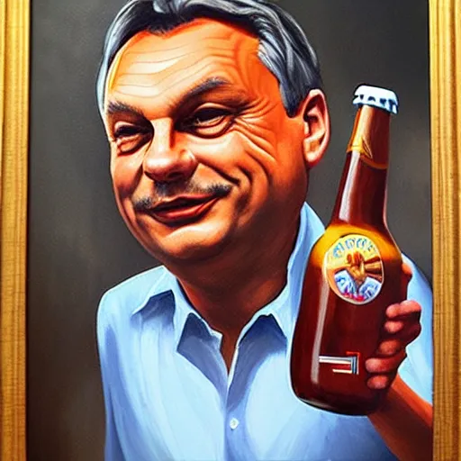 Image similar to viktor orban beer brewing at home, oil painting