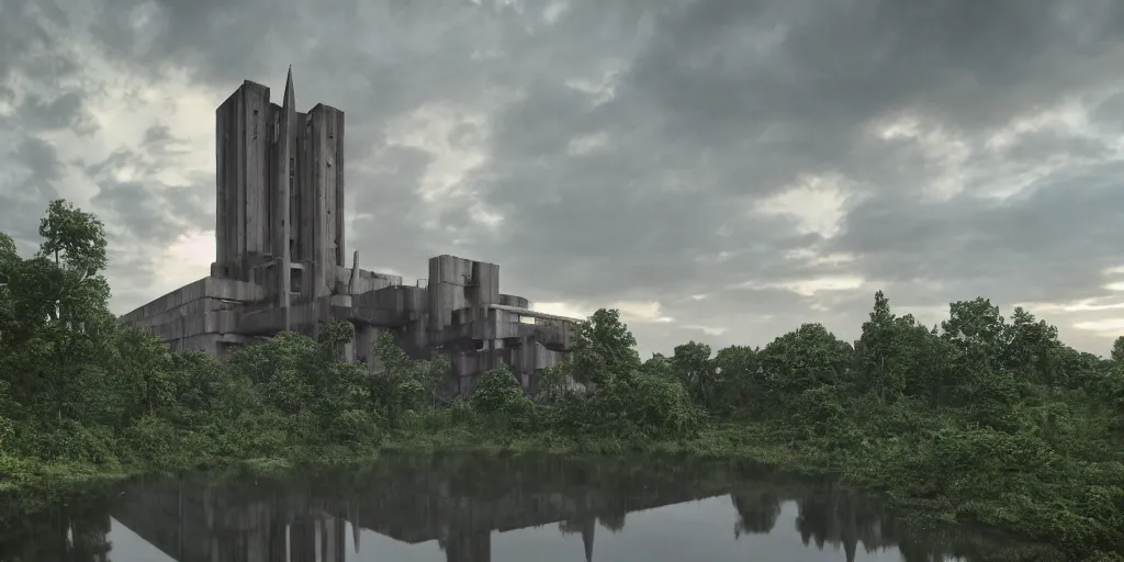 Image similar to an extremely detailed cathedral of brutalist architecture, surrounded by lush green forest, accurate reflections in murky ponds of water, stunning volumetric lighting, sunset, rusted steel, smooth concrete, stunning skies, trending on Artstation, 8k, photorealistic, hyper detailed, unreal engine 5, IMAX quality, cinematic, epic lighting, in the style of Greg Rutkowski