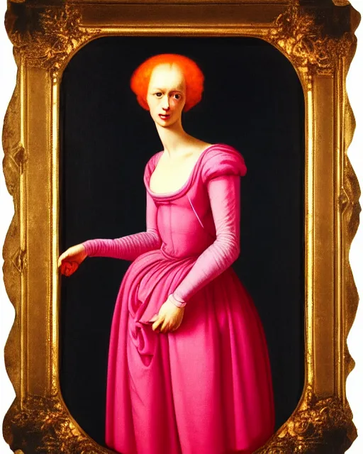 Prompt: portrait of a young pale woman with lilac hair, wearing a neon red dress by Vivienne Westwood, intricate details, super-flat, in the style of Bartholomäus the Elder, renaissance style, black background