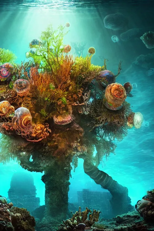 Image similar to high quality sharp photo of cinematic underwater dystopian byzantine city ruins with giant bioluminescent multicolor mutant plants and cyborg jellyfish, digital art masterpiece, aykut aydogdu eric zener, very dramatic volumetric light, long shot, ground angle uhd 8 k, deep focus