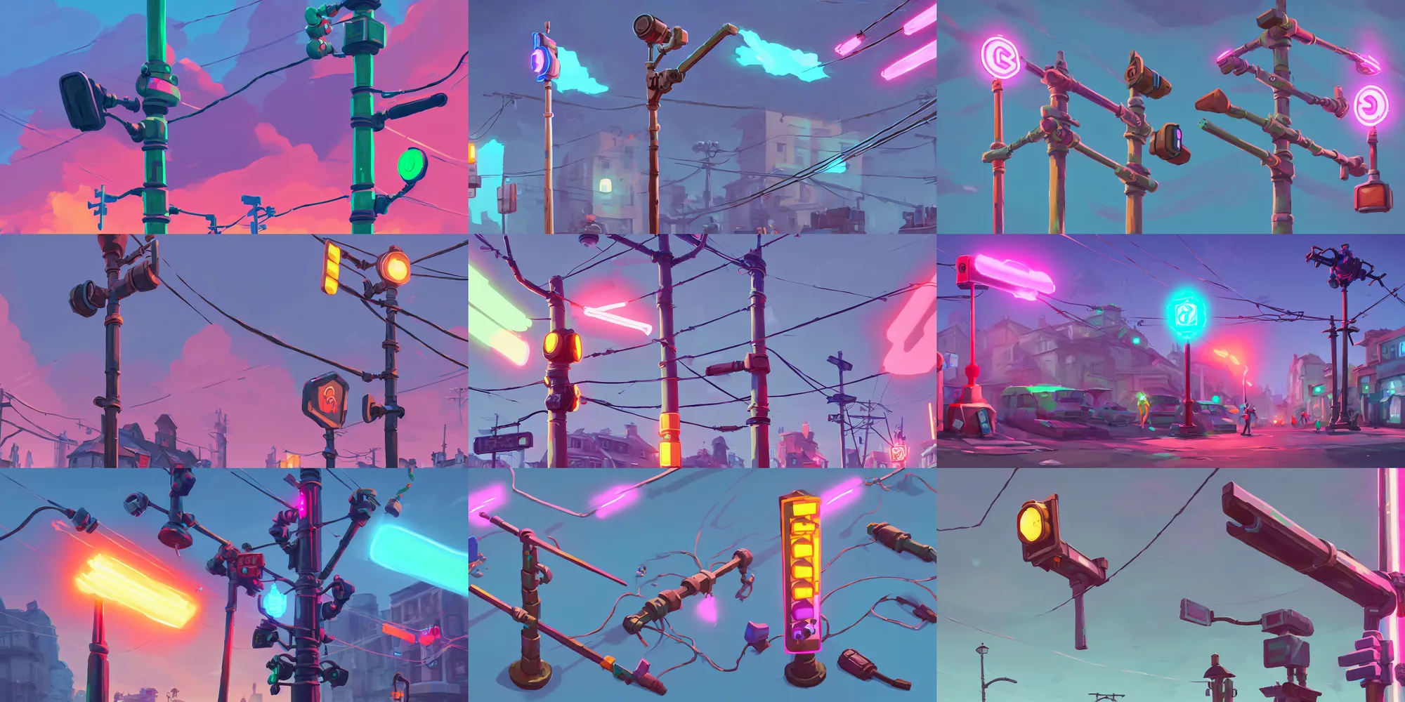 Prompt: game asset of traffic light pole and cables, in gouache detailed paintings, props, stylized, 2 d sprites, kitbash, arcane, overwatch, blue and pink color scheme, 8 k, close up