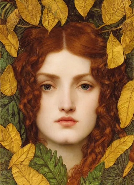 Image similar to masterpiece beautiful seductive flowing curves preraphaelite face portrait amongst leaves, extreme close up shot, straight bangs, thick set features, yellow ochre ornate medieval dress, horns, amongst foliage mushroom forest arch framed with plants, gold gilded circle halo, kilian eng and frederic leighton and rosetti, 4 k