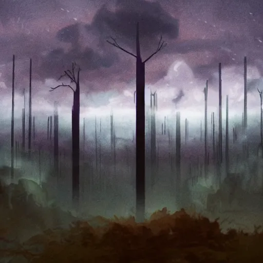 Prompt: a dystopian landscape with radioactive trees, dark glowing rain, a smal sobbing person