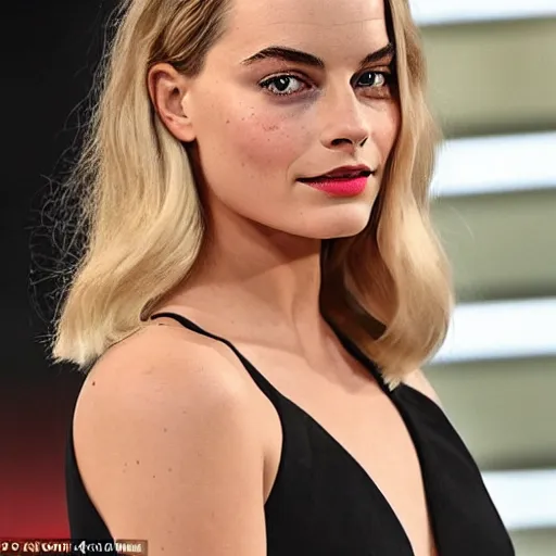 Image similar to a woman who is a genetic combination of margot robbie and emma watson face and upper - body focus