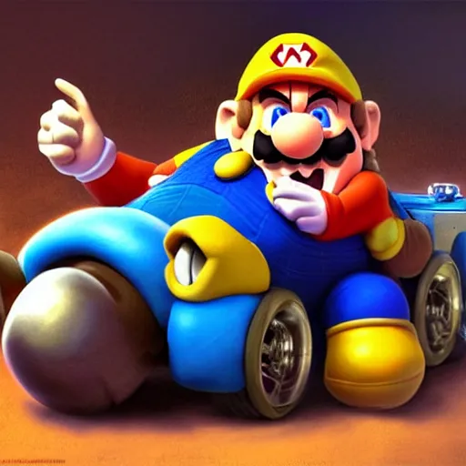 Prompt: Gérard Depardieu as Wario in Mario Kart, nintendo, highly detailed, digital painting, artstation, concept art, sharp focus, illustration, art by Tony Sart and artgerm and randy vargas