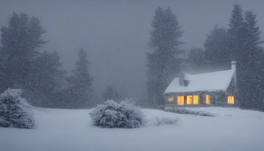 Image similar to A Desolate Cottage with light emitting from it snowed in in a wonderful winter landscape. Blizzard, Heavy snow falling, Snowstorm, Light Haze, Magical Lighting