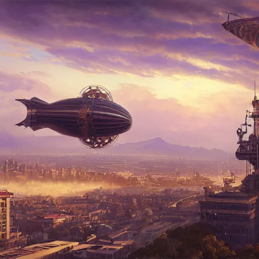 Prompt: a steampunk airship flies over santiago of chile, purple dawn, costanera center, by greg rutkowski and ivan shishkin