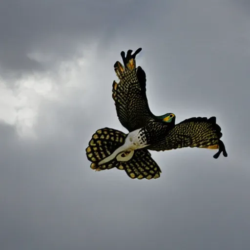 Image similar to falcon with the face of a frog flying in the sky with clouds