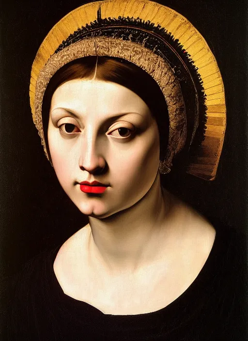Image similar to portrait of young woman in renaissance dress and renaissance headdress, art by caravaggio