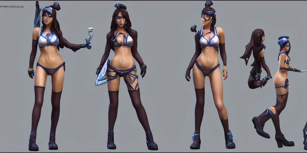 Prompt: rendered character sheet of Pool party Caitlyn in the game League of Legends, unreal engine 5 3d trending on art station