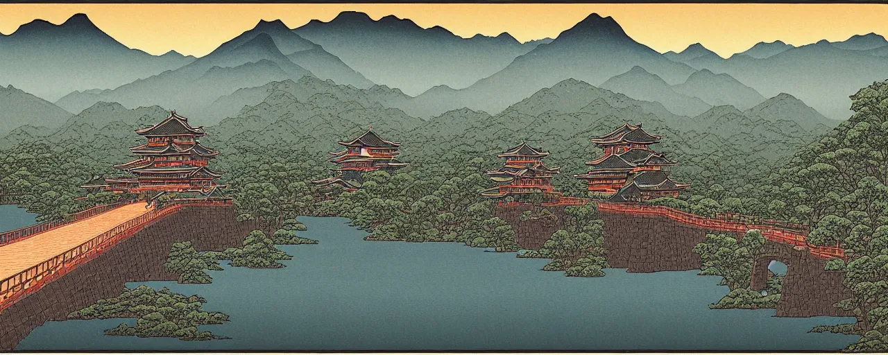 Image similar to landscape artwork of multiple large interconnected castles,moat,bridge,mountains,digital art,night sky,by Kawase Hasui masterpiece,high quality,pretty,fantasy,impossible