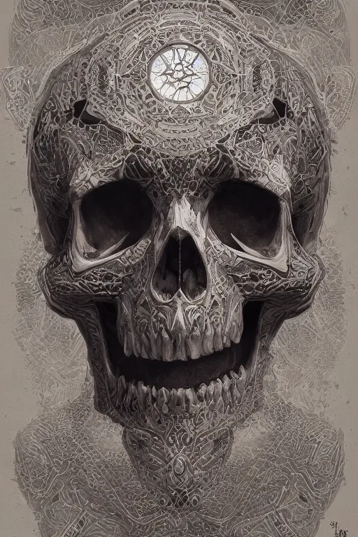 Image similar to concept art skull, the skull is decorated with art deco patterns, close - up portrait, powerfull, intricate, elegant, volumetric lighting, scenery, digital painting, highly detailed, artstation, sharp focus, illustration, concept art, ruan jia, steve mccurry