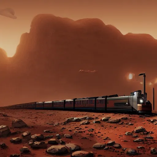 Image similar to an intricate, detailed matte painting of a train on mars, dusty, dramatic lighting, 4k, trending on artstation, by Greg Rutkowski