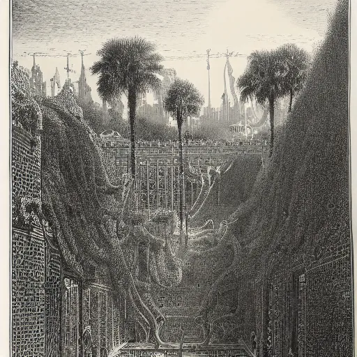 Image similar to the hanging gardens of babylon, gustave dore lithography