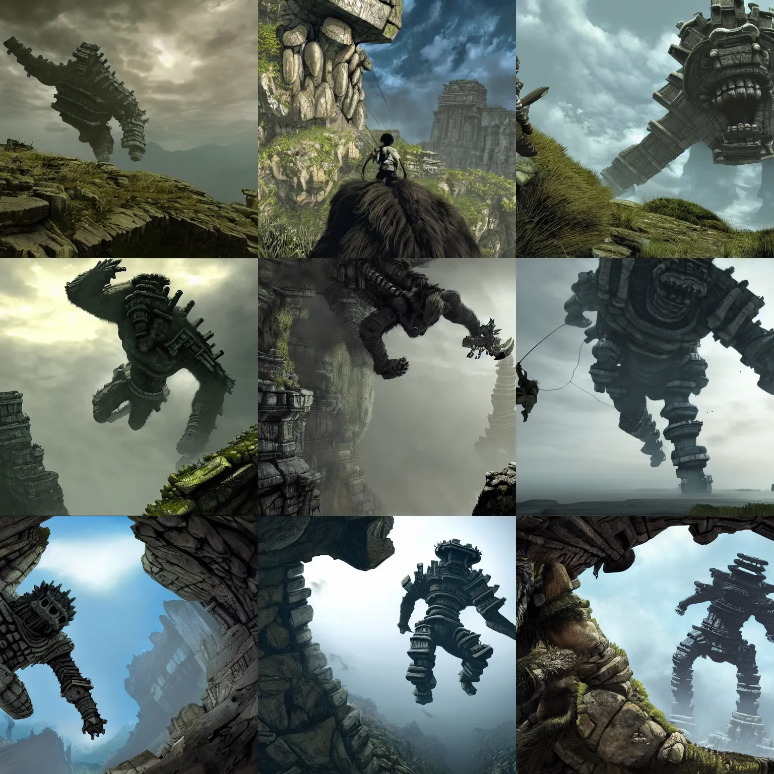 Prompt: incredible screenshot of shadow of the colossus on PS5, dynamic camera angle, deep 3 point perspective, fish eye, dynamic extreme foreshortening of wander climbing a Colossus, by phil hale, ashley wood, geoff darrow, james jean, 8k, hd, high resolution print