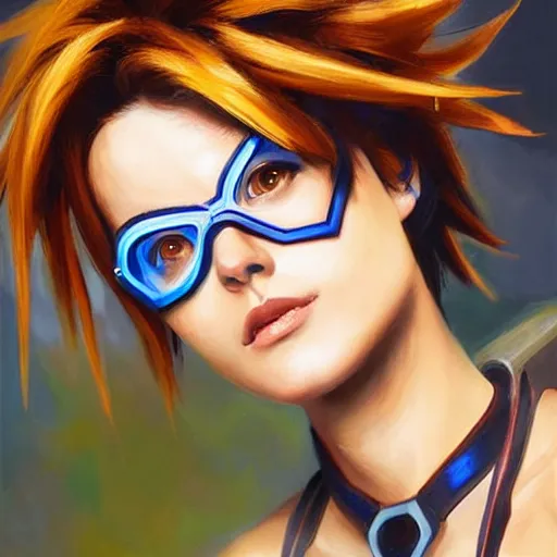 Image similar to oil painting of tracer overwatch in a field wearing o - ring choker around neck, in style of mark arian, expressive face, detailed face, detailed eyes, full body, feminine face, tracer overwatch,