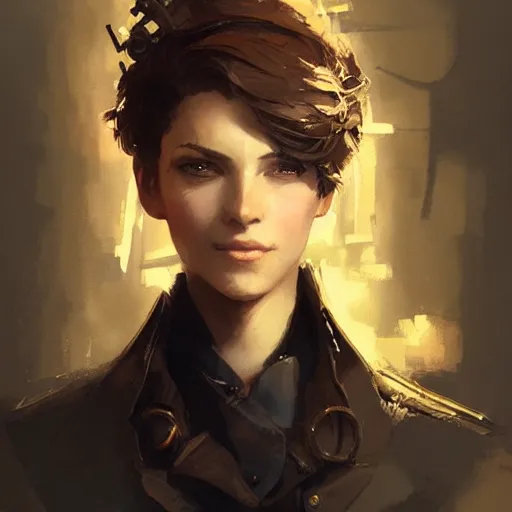 Prompt: portrait of a beautiful steampunk girl with short brown hair, men's haircut, and smiling, dramatic lighting, illustration by greg rutkowski, yoji shinkawa, 4 k, digital art, concept art, trending on artstation