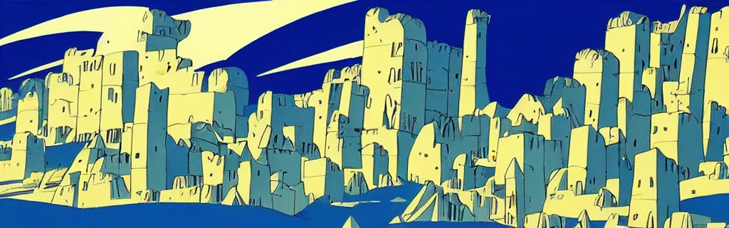 Image similar to doomsday, ruins of the city, blue and white tones, animated film, stylised, illustration, by eyvind earle, scott wills, genndy tartakovski