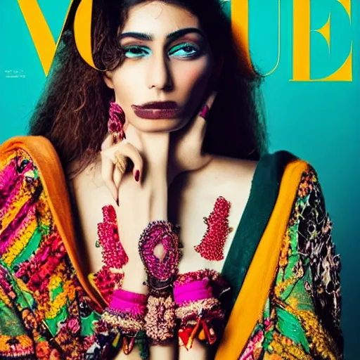 Prompt: colorful portrait photograph of a Pakistani model, editorial story, Vogue France, editorial photographer by Peter Gehrke