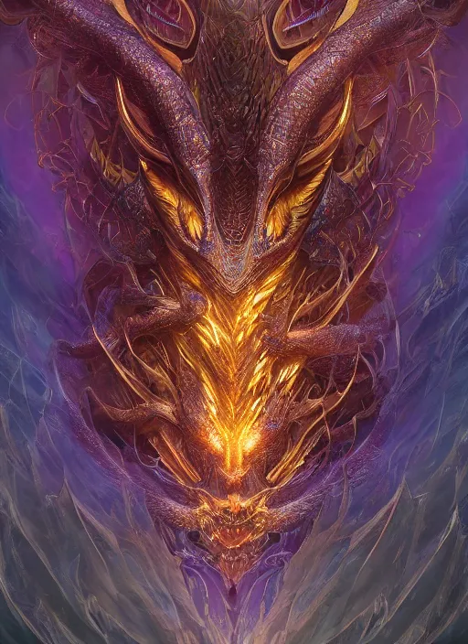 Image similar to octane render, a hyper detailed octane render of portrait of dragon, by xision, dan mumford and kerem beyit, sandara tang ， ellen jewett, sacred ; cloud, silk,, sacred, religion, artstation, magnificence, shimmer, purple detail, mysterious, gold paper with detailed line work, golden ratio