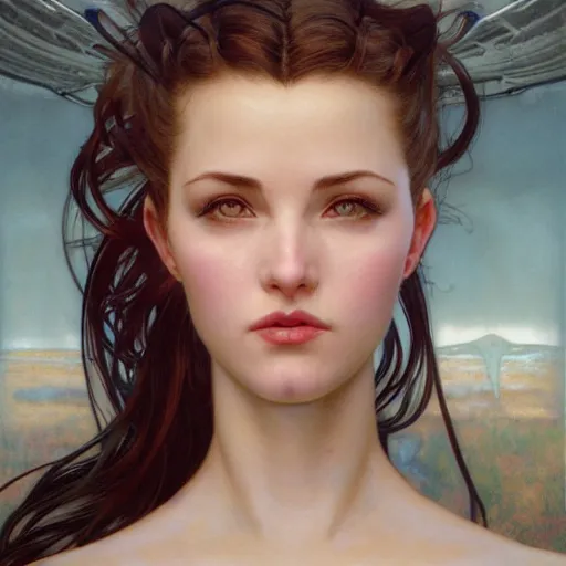 Image similar to Masterpiece head and shoulders Portrait of Tifa Lockheart drawn by Donato Giancola and Tom Bagshaw, face by Artgerm, overall design by Alphonse Mucha, background by James Jean and Gustav Klimt, light by Julie Bell, 4k, porcelain skin, komorebi, french nouveau, trending on artstation, octane render, hyperrealistic