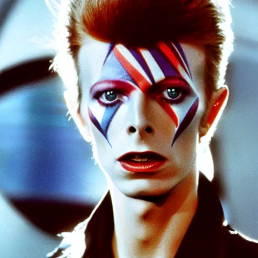 Image similar to A young David Bowie on the bridge of a starship, movie still,colour