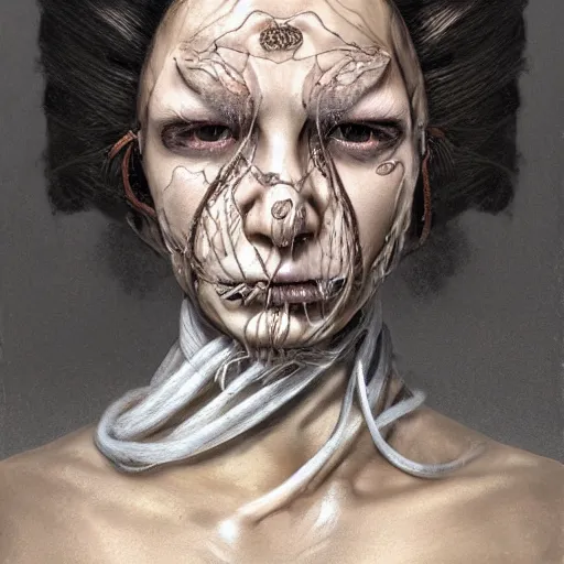 Image similar to portrait of a Shibari rope wrapped face and neck, headshot, insanely nice professional hair style, dramatic hair color, digital painting, of a old 17th century, old cyborg merchant, amber jewels, baroque, ornate clothing, scifi, realistic, hyperdetailed, chiaroscuro, concept art, art by Franz Hals and Jon Foster and Ayami Kojima and Amano and Karol Bak,