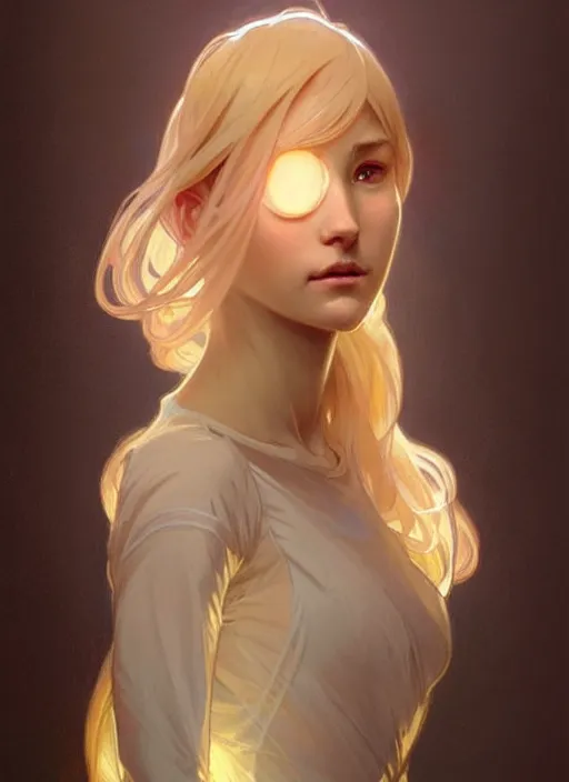 Prompt: digital character concept art by artgerm and greg rutkowski and alphonse mucha. clear portrait of a shy modern wife blessed by god to grow immaculately perfect!! blonde, in clothes! gifted holy body! light effect. hyper detailed, glowing lights!! intricate, elegant, fertility, digital painting, artstation, smooth, sharp focus