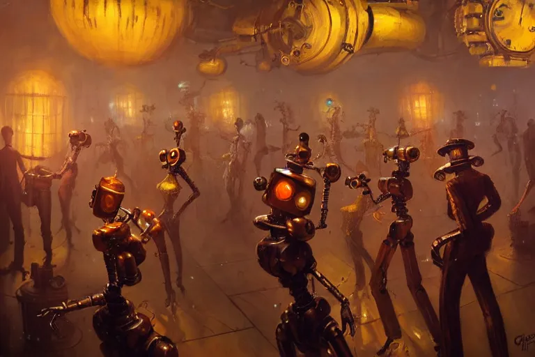 Image similar to steampunk robots expressively dancing on the dance floor by otto dix and greg rutkowski and andreas rocha, cinematic lighting, highly detailed, warm colours, 4 k