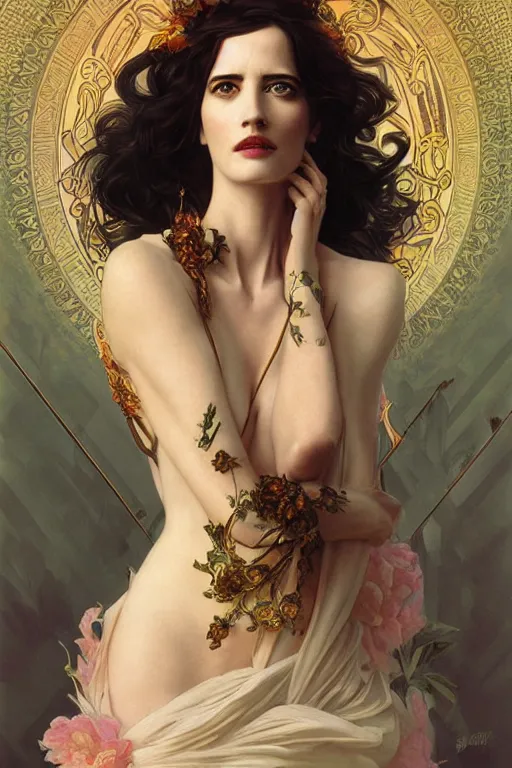 Prompt: ultra realistic illustration, eva green as persephone, intricate, elegant, highly detailed, digital painting, artstation, concept art, smooth, sharp focus, illustration, art by artgerm and greg rutkowski and alphonse mucha