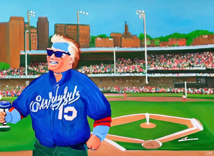 Prompt: painting of harry caray singing take me out to the ball game, malort bottle in hand, wrigley field background, blue sky, baseball, sharp,