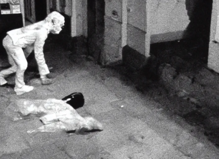 Image similar to disturbing security cam footage of a human corpse walking in the stree horror film practical fx by david cronenberg ridley scott 1 9 7 0