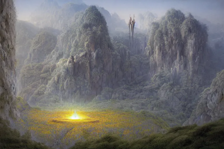 Image similar to Primordial fantasy landscape, A Valley, Gleaming Fortress Himeji Getty Center, Rivendell, overlooks the Garden of Eden, amazing concept painting, by Jessica Rossier by HR giger by Beksinski