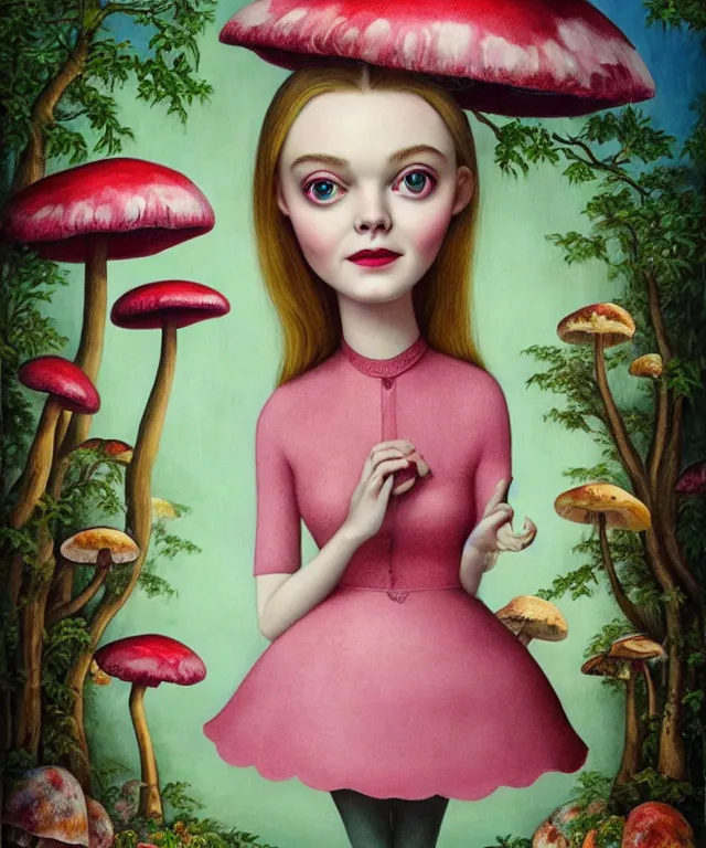 Image similar to portrait of Elle Fanning in wonderland, giant mushrooms, lowbrow painting by Mark Ryden