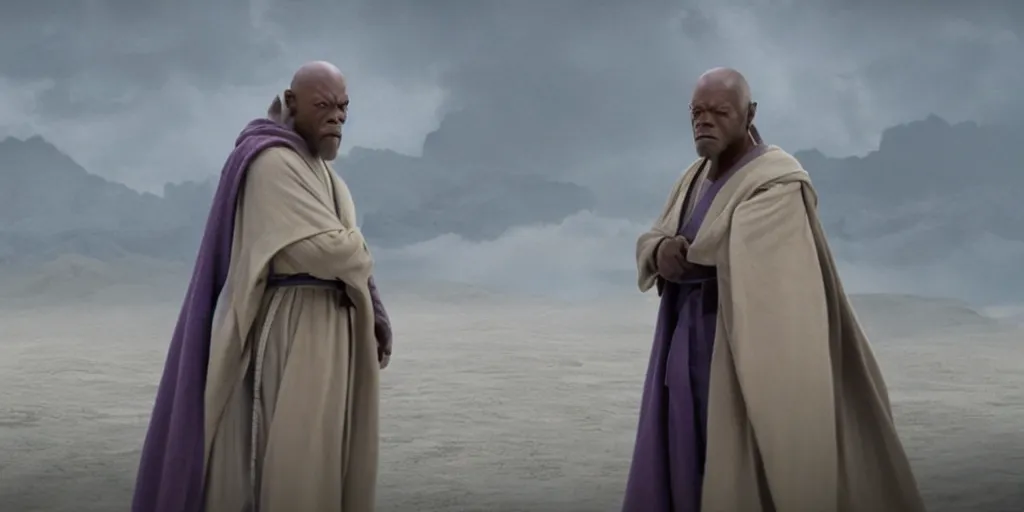 Prompt: obi - wan kenobi disney plus show, old mace windu played by samuel l jackson, standing alone, yoda puppet from 1 9 8 0 cameo, accurate ultra realistic faces, 4 k, movie still, uhd, sharp, detailed, cinematic, render, modern