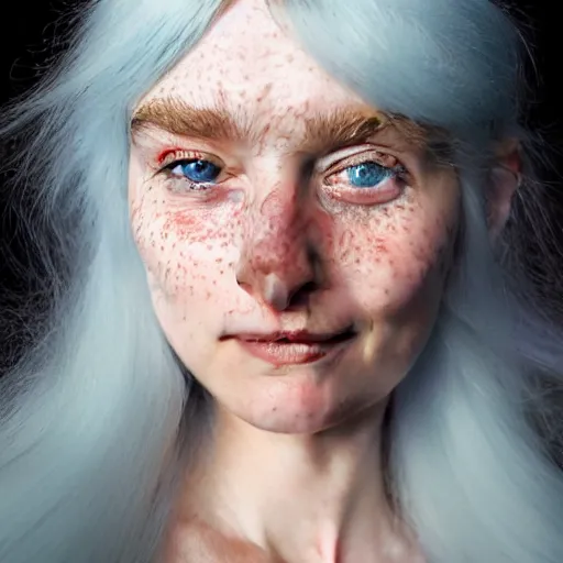 Prompt: beautiful hyperreal photo of a cute woman smiling softly, long white hair and bangs, a few cute freckles on cheeks and nose, blue eyes, very detailed face, by irakli nadar and juan francisco casas, golden hour, soft focus, 8 k, portra 4 0 0