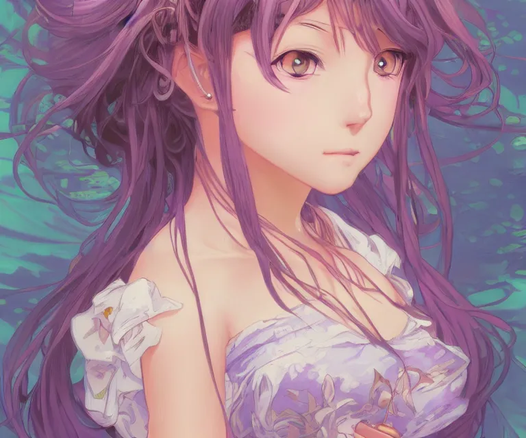 Prompt: Portrait of an anime girl by thomas kinkade and alphonse mucha, light purple background, majestic, 30mm, digital art, very detailed, concept art, artstation