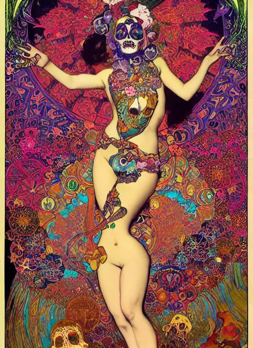 Prompt: psychedelic poster art of a cute punk goth fractal mandelbrot Día de los Muertos tattooed girl posing by Victor Moscoso Rick Griffin Alphonse Mucha Gustav Klimt Ayami Kojima Amano Charlie Bowater, masterpiece